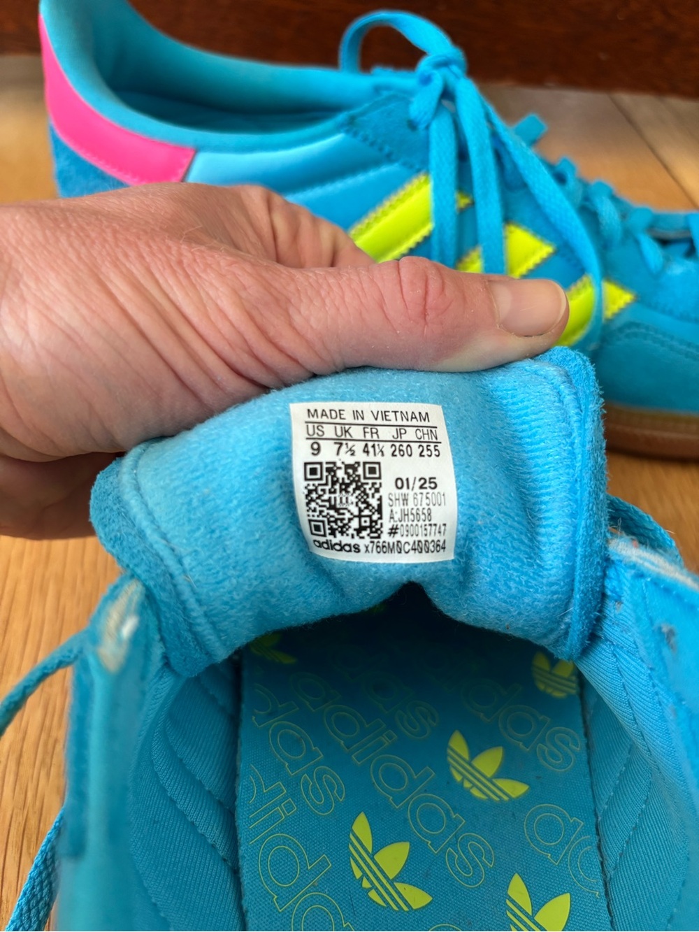adidas Spezial Turquoise Sneakers with Neon Yellow Stripes & Pink Heel - Picture 4 of 7